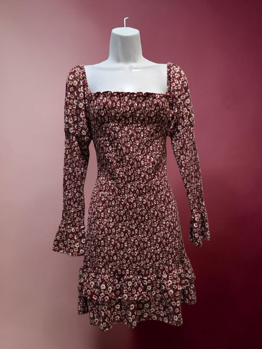 Vibe Sportswear Floral Square-Neck Long Sleeve Dress - Wine Red/Burgundy. - Picture 2 of 6